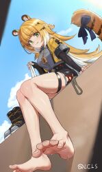 1girl absurdres animal_ear_fluff animal_ears barefoot black_boots black_shorts blue_sky blunt_bangs boots closed_mouth fang feet foot_focus foreshortening from_below green_eyes grey_shirt hasu_no_shiro highres holding holding_unworn_clothes jacket jewelry ju_fufu legs long_hair looking_at_viewer multicolored_hair necklace open_clothes open_jacket orange_hair outdoors shirt shorts sidelocks single_sock sitting sky smile socks soles solo streaked_hair tail thigh_strap tiger_ears tiger_girl tiger_tail toes twitter_username unworn_boots unworn_socks very_long_hair wet white_hair white_socks yellow_jacket zenless_zone_zero