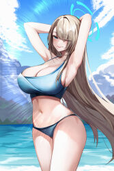Rule 34 | 1girl, absurdres, alternate costume, armpits, arms behind head, asuna (blue archive), bikini, black bikini, blonde hair, blue archive, blue bikini, blue halo, blush, breasts, cleavage, eyes visible through hair, hair over one eye, halo, highres, long hair, looking at viewer, miisang47, navel, ocean, one eye closed, sky, smile, solo, stomach, swimsuit, tongue, tongue out