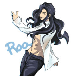 Rule 34 | 1boy, bad id, bad pixiv id, collared shirt, english text, evil smile, floating, floating hair, floating object, hair over one eye, looking at viewer, male focus, melty blood, michael roa valdamjong, open clothes, open fly, open shirt, pants, shirt, simple background, sleeve cuffs, smile, toki no syo, tsukihime, white shirt