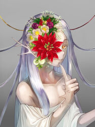 1girl arm_spikes bare_shoulders branch closed_mouth collarbone colored_eyelashes dress finger_to_mouth fingernails flat_chest flower flower_over_eye grey_background hair_flower hair_flowing_over hair_ornament hellebore highres holly index_finger_raised long_fingernails long_hair looking_at_viewer off-shoulder_dress off_shoulder one_eye_covered original parted_bangs poinsettia pointy_ears purple_flower purple_hair purple_rose red_flower rose scallgo sharp_fingernails sideways_glance simple_background smile solo spikes upper_body white_dress white_flower yellow_eyes
