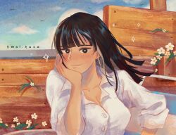 1girl artist_name bird black_eyes black_hair blue_sky blunt_bangs blush breasts cleavage closed_mouth cloud collarbone collared_shirt commentary derivative_work floating_hair flower head_rest long_hair looking_at_viewer nico_robin nico_robin_(alabasta) one_piece outdoors screenshot_redraw shirt sky sleeves_rolled_up smile smolkeii solo upper_body white_flower white_shirt