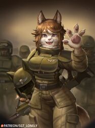 1girl animal_ears animal_ears_helmet animal_helmet blue_eyes breasts brown_hair directed-energy_weapon energy_gun energy_weapon fangs felinid furry furry_female helmet laser_gun laser_weapon lasgun medium_breasts military military_uniform sgt_lonely smile solo_focus tail warhammer_40k waving weapon