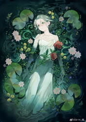 absurdres flower green_eyes green_hair harrymiao highres lily_pad original pink_flower red_flower rose water watermark weibo_watermark