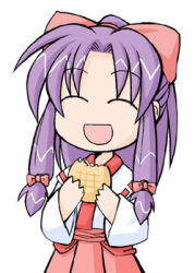 1girl :d ^_^ bow bread chibi chibi_only closed_eyes eating female_focus food hair_bow hakurei_reimu hakurei_reimu_(pc-98) half_updo happy lowres melon_bread open_mouth purple_hair smile solo touhou touhou_(pc-98)