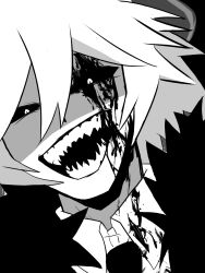 1boy blood blood_on_face formal_clothes greyscale highres horns kcalb kcalb_(funamusea) male_focus monochrome sharp_teeth suit teeth white_hair