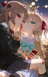 Rule 34 | 2girls, absurdres, ahoge, aqua bow, aqua bowtie, bandaid, bandaid on knee, bandaid on leg, black cardigan, black skirt, black socks, black thighhighs, blue eyes, blue sailor collar, blue skirt, bow, bowtie, brown hair, bubble tea, cardigan, closed mouth, collared shirt, commentary, commission, cowboy shot, drink, english commentary, evil neuro-sama, fang, hair between eyes, hair ornament, hair ribbon, heart, heart hair ornament, highres, holding, holding drink, holding phone, karachiiy, light blush, long hair, multiple girls, nail polish, neuro-sama, on bench, open mouth, outdoors, phone, pleated skirt, red bow, red bowtie, red eyes, red nails, red ribbon, ribbon, sailor collar, second-party source, shirt, siblings, single thighhigh, sisters, sitting, sitting on lap, sitting on person, skirt, skull hair ornament, smile, socks, thighhighs, twins, utility pole, v-neck, vedal ai, virtual youtuber, white shirt, yellow cardigan