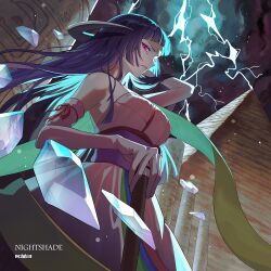 1girl blunt_bangs carbonara_hontyotyo cowboy_shot dress elbow_gloves featherine_augustus_aurora gloves lightning long_hair looking_at_viewer parted_lips pink_dress purple_eyes purple_hair sidelocks solo umineko_no_naku_koro_ni v-shaped_eyebrows witch