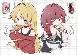 Rule 34 | 2girls, absurdres, ahoge, aomoringo, black bow, black choker, blonde hair, blunt bangs, blush, bocchi the rock!, bow, braid, choker, closed mouth, collarbone, dress, drinking, drinking straw, drinking straw in mouth, green dress, hair bow, hair intakes, highres, hiroi kikuri, holding juice box, ijichi seika, jacket, long hair, long sleeves, looking at viewer, multiple girls, off-shoulder sweater, off shoulder, red eyes, red hair, red sweater, ringed eyes, single braid, speech bubble, sweater, translation request