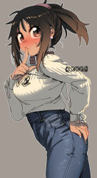 1girl artist_name breasts brown_hair cleavage denim ergot finger_to_mouth from_side grey_background jeans long_sleeves looking_to_the_side medium_breasts original pants ponytail ribbed_sweater sidelocks simple_background solo sweater tina_(ergot) white_sweater