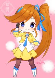 Rule 34 | 1girl, ace attorney, artist name, athena cykes, black gloves, blue bow, blue eyes, blue hairband, blue necktie, bow, bow hairband, chibi, chibi only, closed mouth, crescent, crescent earrings, cropped jacket, earrings, gloves, hair bow, hairband, hand on own hip, jacket, jewelry, long hair, looking at viewer, necktie, open clothes, open jacket, orange hair, pantyhose, partially fingerless gloves, pink background, shirt, shoes, side ponytail, single earring, single glove, skirt, smile, solo, swept bangs, sylphy fe, very long hair, white shirt, white shoes, yellow jacket, yellow skirt