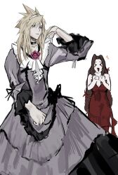 &gt;_&lt; 1boy 1girl :d aerith_gainsborough aerith_gainsborough_(red_dress) aqua_eyes blonde_hair breasts cho5782 choker cleavage cloud_strife cloud_strife_(ball_gown) crossdressing dress dress_flower final_fantasy final_fantasy_vii final_fantasy_vii_remake flamenco_dress flower frilled_dress frills hair_between_eyes hair_flower hair_ornament hand_in_own_hair highres long_hair medium_breasts official_alternate_costume open_mouth parted_bangs pendant_choker purple_dress red_dress ribbon_choker side_slit sidelocks sketch smile spiked_hair tiara white_background xd