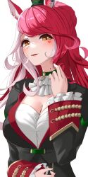 Rule 34 | 1girl, animal ears, blush, breasts, cleavage, collar, commentary request, facial tattoo, heart, heart tattoo, highres, horse ears, horse girl, looking at viewer, loves only you (umamusume), military uniform, mole, mole on neck, open mouth, pointing, pointing at self, portrait, red hair, simple background, solo, takmi, tattoo, umamusume, white background, yellow eyes