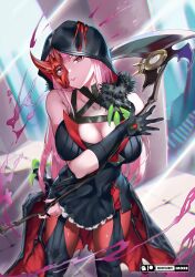 Rule 34 | 1girl, artist name, bare shoulders, black gloves, breasts, cleavage, cosplay, diabellstar the black witch, diabellstar the black witch (cosplay), duel monster, eye mask, gloves, highres, holding, holding scythe, hololive, hololive english, hooded top, kiddycorky, large breasts, long hair, looking at viewer, mori calliope, pink hair, scythe, virtual youtuber, yu-gi-oh!