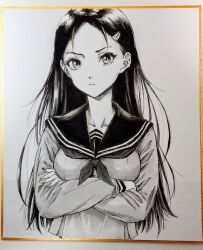 1girl closed_mouth commentary_request crossed_arms eyelashes forehead frown greyscale hair_ornament hairclip long_sleeves looking_at_viewer makomako1061 marker_(medium) monochrome neckerchief original pen_(medium) photo_(medium) sailor_collar sailor_shirt school_uniform serious shikishi shirt solo traditional_media upper_body