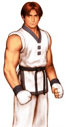 1boy bare_shoulders belt capcom_vs_snk clenched_hands closed_mouth dobok fatal_fury fingerless_gloves game_cg gloves highres kim_dong_hwan male_focus mori_toshiaki muscular non-web_source official_art simple_background solo taekwondo white_background