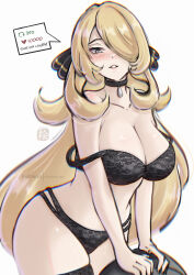1girl absurdres alternate_costume artist_name bare_shoulders black_bra black_choker black_nails black_panties blonde_hair blush bra breasts chascoby choker cleavage collarbone commentary cowboy_shot creatures_(company) cynthia_(pokemon) english_commentary game_freak grey_eyes hair_ornament hair_over_one_eye highres large_breasts lingerie long_hair looking_at_viewer nintendo panties pokemon pokemon_dppt solo twitter_strip_game underwear very_long_hair white_background