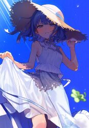 Rule 34 | 1girl, bare arms, bare shoulders, blue eyes, blue hair, blue sky, blush, breasts, clothes lift, clover, colorful festival (project sekai), cowboy shot, day, dress, hand on headwear, hand up, hat, highres, kiritani haruka, looking at viewer, neck ribbon, official alternate costume, official alternate hairstyle, outdoors, project sekai, ribbon, shade, short hair, skirt hold, sky, sleeveless, sleeveless dress, small breasts, smile, solo, standing, straw hat, sun hat, sundress, sunlight, teeth, uminokaisen, wavy hair, white dress, white ribbon