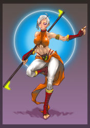 1girl breasts diablo_(series) diablo_3 female_focus large_breasts monk monk_(diablo_3) romehamu short_hair solo staff white_hair