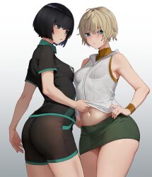 2girls ass black_hair blonde_hair breasts closed_mouth dead_by_daylight feng_min heather_mason highres looking_at_viewer medium_breasts miniskirt multiple_girls navel pencil_skirt short_hair silent_hill_(series) silent_hill_3 simple_background skirt sleeveless sleeveless_turtleneck standing suzusiron turtleneck white_background wristband