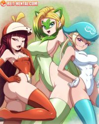 3girls animal_ears ass bare_shoulders blonde_hair blue_eyes breasts brown_hair cosplay covered_navel creatures_(company) curvy fuecoco fuecoco_(cosplay) game_freak gloves highleg highleg_one-piece_swimsuit leg_up long_hair multiple_girls nintendo one-piece_swimsuit pointy_ears pokemon purple_eyes quaxly quaxly_(cosplay) red_eyes reit shiny_skin smile socks sprigatito sprigatito_(cosplay) swimsuit wide_hips