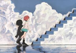 1girl absurdres amate_yuzuriha ankle_boots aqua_skirt black_shoes blue_sky boots cloud full_body green_eyes grey_socks gundam gundam_gquuuuuux highres long_sleeves looking_to_the_side pleated_skirt red_hair reflection scene_reference shadow shirt shoes short_hair skirt sky socks solo stairs the_truman_show walking white_shirt zhi_ye_(forthephantom)