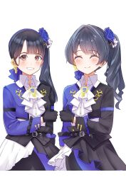 Rule 34 | 2girls, ^ ^, animification, ascot, black gloves, black hair, black jacket, blue hair, blue jacket, blunt bangs, blush, brown eyes, closed eyes, closed mouth, collared shirt, commentary request, compass (love live!), cowboy shot, dress shirt, flower stand art, frilled ascot, frills, gloves, grin, high collar, highres, jacket, link! like! love live!, long hair, long sleeves, looking at viewer, love live!, multicolored jacket, multiple girls, murano sayaka, nonaka kokona, official alternate costume, open clothes, open jacket, real life, second-party source, shirt, side ponytail, simple background, smile, split mouth, thumbs up, two-tone jacket, virtual youtuber, voice actor, white ascot, white background, white shirt, yaa-kun