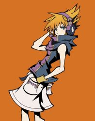 Rule 34 | 181395e, 1boy, arm up, bare shoulders, blue eyes, covered mouth, feet out of frame, hand in pocket, headphones, highres, male focus, multicolored shirt, orange background, orange hair, sakuraba neku, short hair, shorts, simple background, sleeveless, solo, spiked hair, standing, subarashiki kono sekai, white shorts, wristband