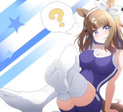 1girl ? almond_eye_(umamusume) alternate_costume animal_ears blush breasts brown_hair cleavage collarbone commentary_request hair_ornament hairband hairclip horse_ears horse_tail long_hair looking_at_viewer multicolored_hair nel-c no_shoes school_swimsuit simple_background sitting soles spoken_question_mark swimsuit tail thighhighs two-tone_hair umamusume white_thighhighs