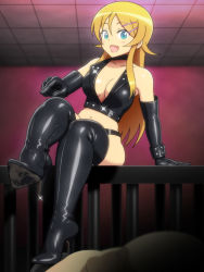 Rule 34 | 1boy, 1girl, bad id, bad pixiv id, blonde hair, blue eyes, boots, breasts, cage, choker, cleavage, dominatrix, elbow gloves, enkaboots, fang, femdom, full body, glint, gloves, high heel boots, high heels, indoors, kousaka kirino, large breasts, latex, latex boots, leather, ore no imouto ga konna ni kawaii wake ga nai, pointing, shoe soles, sitting, solo focus, stiletto heels, studded leather, thigh boots, thighhighs