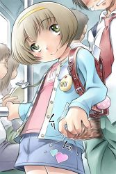 1girl 2boys backpack bad_id bad_pixiv_id bag brown_hair censored crime_prevention_buzzer green_eyes hairband handjob heart highres key loli multiple_boys original penis penis_out public_indecency randoseru sekihan short_hair skirt smile snort solo_focus train