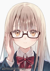 1girl bespectacled black-framed_eyewear blazer blonde_hair blue_jacket bow bowtie collared_shirt copyright_name dress_shirt glasses hand_up hanekoto highres jacket long_hair looking_at_viewer official_art otonari_no_tenshi-sama_ni_itsu_no_mani_ka_dame_ningen_ni_sarete_ita_ken portrait red_bow school_uniform semi-rimless_eyewear shiina_mahiru_(otonari_no_tenshi-sama) shirt under-rim_eyewear white_shirt yellow_eyes