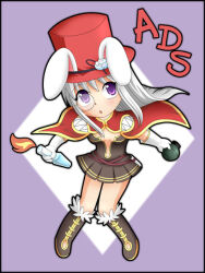 1girl animal_ears black-framed_eyewear boots breasts brown_boots brown_dress cape commentary_request creator_(ragnarok_online) dress fake_animal_ears full_body fur-trimmed_boots fur_trim gameplay_mechanics gloves grey_hair hat long_hair medium_breasts meruya_(catcan) molotov_cocktail monocle open_mouth plunging_neckline purple_background purple_eyes ragnarok_online red_cape red_hat round_eyewear short_dress solo top_hat white_gloves