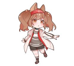 1girl angelina_(arknights) animal_ears arknights black_shorts black_socks brown_hair chibi chibi_only chinese_commentary commentary_request full_body hairband highres jacket kneehighs long_sleeves open_clothes open_jacket orange_eyes outstretched_arms red_hairband short_hair shorts simple_background socks solo standing twintails wangchuan white_background white_jacket