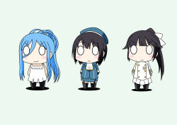 0_0 3girls absurdres aoki_hagane_no_arpeggio azur_lane beret black_hair black_legwear blue_eyes blue_hair bow chibi crossover frown full_body hair_between_eyes hair_bow hat highres historical_name_connection kantai_collection kinoko_(benitengudake) long_hair military military_uniform miniskirt multiple_girls name_connection pantyhose pleated_skirt ponytail short_hair simple_background skirt standing takao_(aoki_hagane_no_arpeggio) takao_(azur_lane) takao_(kancolle) thighhighs very_long_hair white_background white_skirt