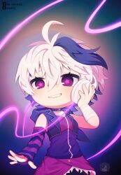 Rule 34 | 1girl, anmyu, antenna hair, arm warmers, bandaged arm, bandages, bare shoulders, black collar, black hair, black jacket, breasts, bright pupils, chibi, chibi only, collar, colored inner hair, commentary, cowboy shot, double-parted bangs, english commentary, eyebrows hidden by hair, facebook logo, flower-shaped pupils, flower (vocaloid), flower (vocaloid4), from below, grey background, grin, hair between eyes, headphones, highres, hood, hood down, hooded jacket, jacket, multicolored hair, open clothes, open jacket, pink eyes, purple arm warmers, purple shirt, shirt, short hair, simple background, single arm warmer, sleeveless, sleeveless jacket, sleeveless shirt, small breasts, smile, solo, standing, streaked hair, striped arm warmers, symbol-shaped pupils, twitter logo, v-neck, vocaloid, white hair, white headphones