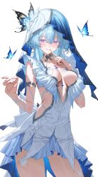 1girl absurdres ago_(ago376) armlet blue_butterfly blue_hair blue_veil blush breasts bug butterfly center_opening colored_eyelashes commentary cowboy_shot dress frilled_dress frills hair_between_eyes highres index_finger_raised insect jewelry large_breasts long_hair looking_at_viewer purple_eyes shorekeeper_(wuthering_waves) simple_background sleeveless sleeveless_dress smile solo thighs two-tone_veil veil white_background white_dress white_veil wuthering_waves