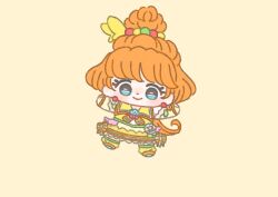 Rule 34 | 1girl, bag bow, beehive hairdo, blue bag, blue eyes, blue shoes, bow, bow skirt, bracelet, chibi, closed mouth, cure papaya, dot nose, earrings, eyelashes, food, frilled skirt, frills, fruit, fruit earrings, hair bobbles, hair bow, hair ornament, half updo, happy, ichigo usuhana, ichinose minori, jewelry, leg warmers, light blush, lime (fruit), lime slice, long hair, looking at viewer, low ponytail, magical girl, miniskirt, necktie, orange bow, orange hair, orange necktie, outstretched arms, ponytail, precure, sailor collar, shell brooch, shirt, shoes, short sleeves, simple background, single stripe, skirt, skirt set, smile, solo, sphere earrings, striped bow, tareme, tropical-rouge! precure, very long hair, waist bag, white sleeves, yellow background, yellow bow, yellow bridal gauntlets, yellow leg warmers, yellow sailor collar, yellow shirt, yellow skirt, yellow theme