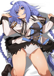 Rule 34 | 1girl, blue eyes, blue hair, braid, closed mouth, fu-ta, highres, jacket, kneeling, long hair, long sleeves, looking at viewer, mushoku tensei, panties, roxy migurdia, simple background, solo, thighs, twin braids, underwear, very long hair, white background, white jacket, white panties