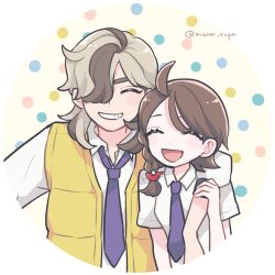 Rule 34 | 1boy, 1girl, :d, ahoge, arm around shoulder, arven (pokemon), braid, brown hair, closed eyes, collared shirt, commentary request, eyelashes, facing viewer, grin, hair over one eye, happy, juliana (pokemon), long hair, necktie, nintendo, open clothes, open mouth, open vest, pokemon, pokemon sv, purple necktie, shinogo no, shirt, short sleeves, smile, teeth, upper body, vest, white shirt, yellow vest