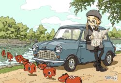 1girl akabeko black_boots black_pantyhose black_shorts blonde_hair boots brown_eyes car commentary english_commentary glasses grey_hat grey_jacket hat holding holding_map jacket lapels map maruyama_kaoru motor_vehicle original outdoors pantyhose pantyhose_under_shorts real_world_location river shorts solo