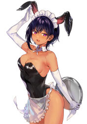 1girl animal_ears apron bare_legs bare_shoulders black_hair black_leotard breasts cleavage dark-skinned_female dark_skin detached_collar elbow_gloves fake_animal_ears gloves highres holding holding_tray konbu_wakame leotard lilith_(saikin_yatotta_maid_ga_ayashii) looking_at_viewer maid_headdress mole mole_on_breast official_art open_mouth playboy_bunny purple_eyes rabbit_ears revision saikin_yatotta_maid_ga_ayashii see-through_clothes short_hair simple_background solo sweatdrop tray waist_apron white_background white_gloves