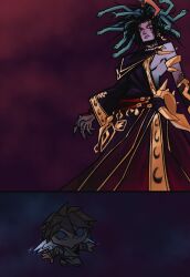 1boy 1girl absurdres black_hair breasts chibi colored_skin facial_mark highres kid_icarus kid_icarus_uprising looking_at_another looking_down medusa_(kid_icarus) mrguardianeye nintendo pit_(kid_icarus) purple_skin sideboob snake_hair wide_sleeves