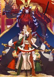 1girl armor asymmetrical_legwear asymmetrical_sleeves back_bow black_gloves black_socks blunt_bangs bow breasts closed_mouth fate/grand_order fate_(series) frilled_gloves frills full_body game_cg gloves green_kimono hair_bun hair_ornament hairband helmet izumo_no_okuni_(fate) izumo_no_okuni_(third_ascension)_(fate) japanese_armor japanese_clothes kabuki kabuto_(helmet) katana kimono long_hair long_sidelocks long_sleeves looking_at_viewer low-tied_sidelocks miniskirt multicolored_hair multicolored_kimono noco_(adamas) official_art okobo orange_hair outstretched_arms platform_sandals quad_buns red_armor red_kimono robot rope samurai sandals sheath sheathed shide short_kimono short_sleeves shoulder_armor sidelocks single_glove skirt smile socks sode split-color_hair standing striped_clothes striped_kimono sword tabi tassel third-party_source twintails two-tone_hair uneven_sleeves variant_set weapon white_hair white_skirt wide_sleeves zanzaburou_(fate)