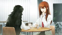 2015 2girls black_pantyhose black_shorts breast_pocket breasts brown_hair brown_jacket cafeteria closed_eyes collared_shirt cup eating facing_another game_cg green_hair hair_between_eyes hair_over_shoulder happy highres hiyajou_maho holding holding_cup huke indoors jacket lab_coat lapels laughing long_hair loose_necktie makise_kurisu messy_hair multiple_girls necktie non-web_source notched_lapels official_art open_mouth pantyhose plant pocket potted_plant purple_trim red_necktie round_table shirt shorts sitting small_breasts smile steins;gate steins;gate_0 table tongue very_long_hair white_shirt