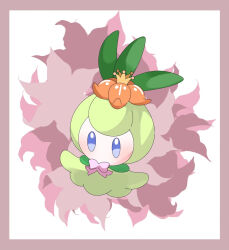 Rule 34 | alternate color, animal focus, blue eyes, blush, border, bowtie, cosplay, crown, flower, full body, gen 5 pokemon, hair flower, hair ornament, lilligant, lilligant (cosplay), looking afar, mini crown, nintendo, no humans, orange flower, outside border, petilil, pink bow, pink bowtie, pokemon, pokemon (creature), purple background, purple border, rento, shiny pokemon, solo, yellow crown