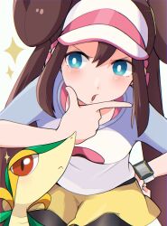 1girl black_pantyhose blush breasts brown_hair commentary_request double_bun gen_5_pokemon hair_between_eyes hair_bun hand_on_own_chin hand_on_own_hip highres long_hair nakikot_t nintendo open_mouth pantyhose pantyhose_under_shorts pokemon pokemon_(creature) pokemon_bw2 pokemon_masters_ex raglan_sleeves revision rosa_(pokemon) shirt short_shorts shorts sidelocks snivy sparkle stroking_own_chin twintails two-tone_headwear visor_cap yellow_shorts