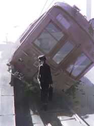 1boy absurdres black_hair black_hat black_jacket black_pants black_shoes closed_mouth full_body hair_between_eyes hand_in_pocket hat highres holding holding_suitcase jacket male_focus original outdoors pants shadow shoes short_hair solo sorrowny standing suitcase train wreckage