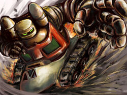 armor caterpillar_tracks drifting full_body getter-3 getter_robo getter_robo_(classic) green_eyes highres looking_at_viewer mecha mecha_focus multicolored_armor no_humans reaching reaching_towards_viewer red_armor robot solo sparks super_robot user_dfxs4583 yellow_armor