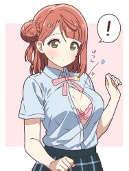 ! 1girl blunt_bangs bow bow_bra bra bra_peek breasts brown_hair bun_with_braided_base collared_shirt green_skirt hair_bun hair_ornament hairclip light_blush looking_down love_live! love_live!_nijigasaki_high_school_idol_club medium_breasts medium_hair mukiryoku_bato nijigasaki_school_uniform pink_bra plaid_clothes plaid_skirt popped_button school_uniform shirt short_sleeves single_side_bun skirt summer_uniform uehara_ayumu underwear upper_body white_shirt yellow_eyes