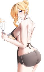 1girl absurdres apron ass back black_shoes blonde_hair blue_eyes breasts commentary_request denim denim_shorts durandal_(honkai_impact) earrings highres holding holding_whisk honkai_(series) honkai_impact_3rd jewelry korean_commentary large_breasts medium_hair nearly_naked_apron pyeong_il shoes shorts sideboob solo thighs whisk